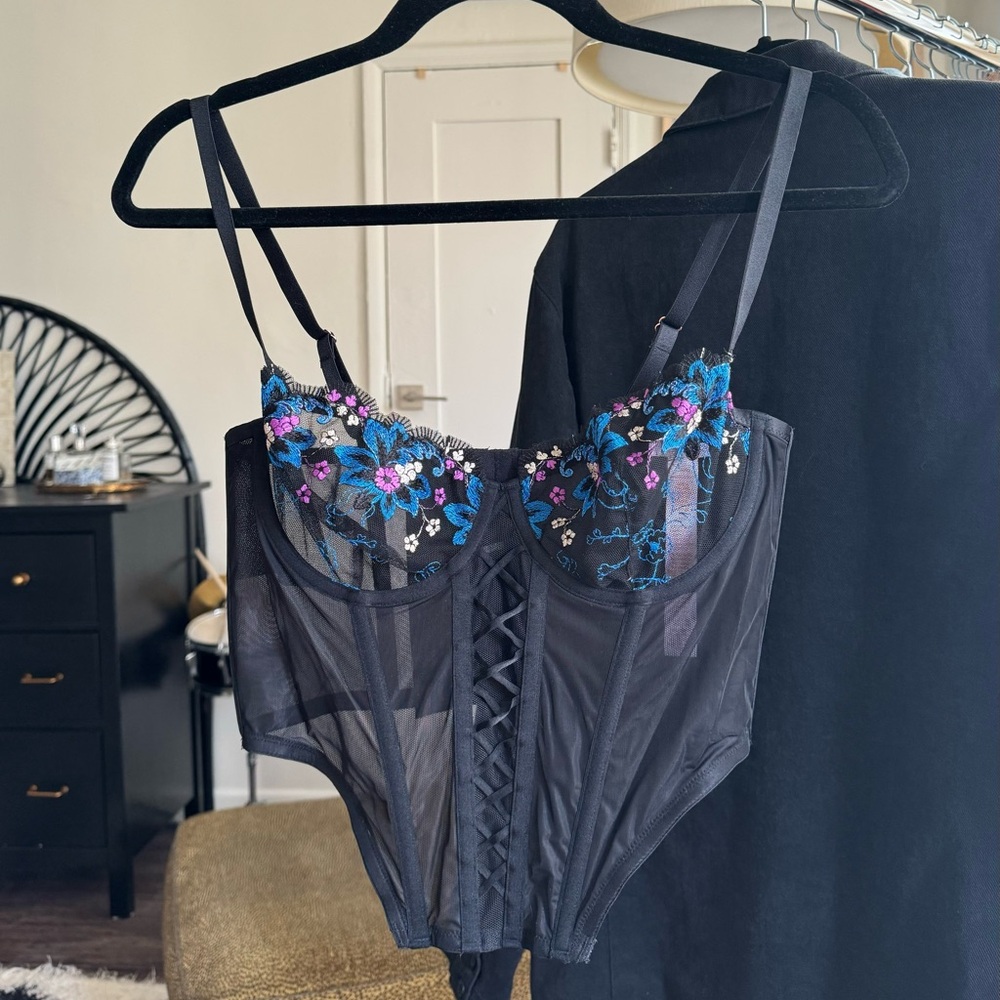 Savage X Black and Blue Embroidered Bustier